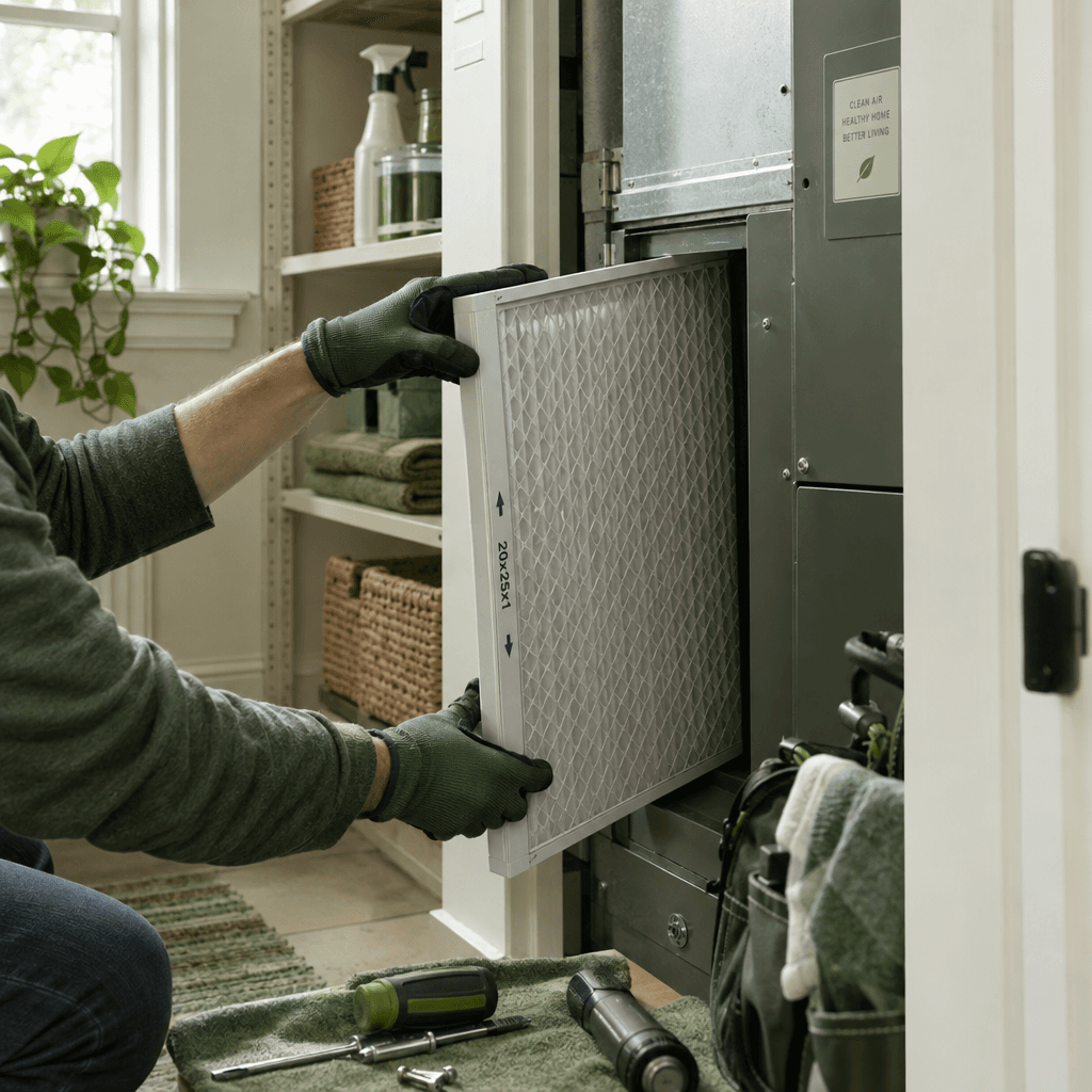 Gloved hand replacing a furnace air filter during routine home upkeep