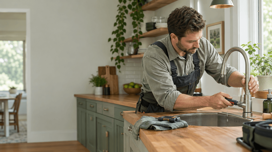 Home repair professional inspecting a leaking kitchen faucet